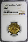 French West Africa Aluminum-Bronze 1944 1 Franc NGC MS63 Laureate Head KM#2 (5)