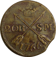SWEDEN Adolf Frederick (1751-1771) Copper 1766 S.M.2 Ore 33.7 mm KM# 461 (14740)