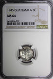 GUATEMALA Silver 1945 5 Centavos NGC MS64 GEM BU COIN KM# 238.1 (031)