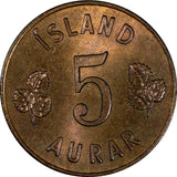 Iceland Bronze 1960 5 Aurar SCARCE IN HIGH GRADE ch.UNC Toning KM# 9