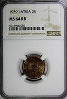 LATVIA Bronze 1939 2 Santimi NGC MS64 RB 1 YEAR TYPE Mint Luster KM# 11.2 (050)