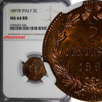 Italy Umberto I Copper 1897-R 2 Centesimi NGC MS64 RB Nice Toning KM# 30 (244)