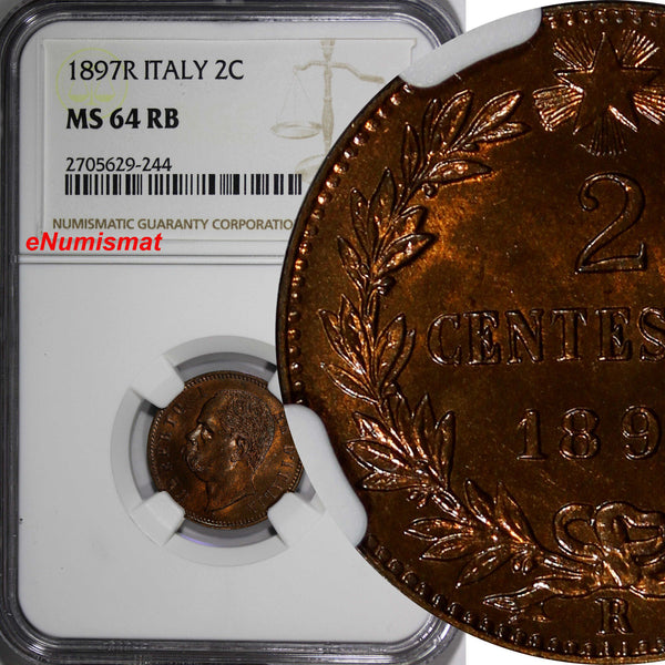 Italy Umberto I Copper 1897-R 2 Centesimi NGC MS64 RB Nice Toning KM# 30 (244)