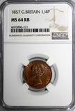 Great Britain Victoria Copper 1857 Farthing NGC MS64 RB LIGHT TONED KM# 725