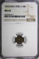 PERU Silver 1833 LIMA 1/4 Real NGC MS62 Rainbow Toned 1 GRADED HIGHER KM# 143.1