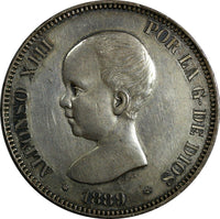 Spain Alfonso XIII Silver 1889 MPM 5 Pesetas XF Condition 37mm KM# 689 (18 840)