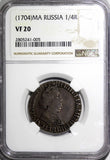 RUSSIA Peter I 1704-MA 1/4 Ruble Polupoltinnik NGC VF20 Diakov-125(R1) RARE/005