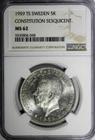 SWEDEN Silver 1959 TS 5 Kronor NGC MS62 Constitution Sesquicentennial KM#830(8)
