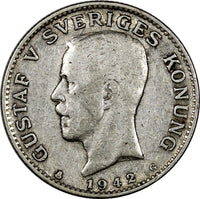 SWEDEN Gustaf V Silver 1942 G Krona KEY DATE RARE TYPE I  WWII KM# 786.2 (011)