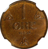 Norway Haakon VII Bronze 1937 1 Ore NGC MS64 BN TOP GRADED BY NGC KM# 367 (099)