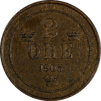 Sweden Oscar II Bronze 1905 2 Ore LAST YEAR TYPE  KM# 746 (17 903)