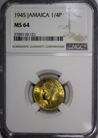 Jamaica George VI Nickel-Brass 1945 1 Farthing NGC MS64 Mintage-480,000 KM#30(1)