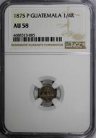 Guatemala Silver 1875 P 1/4 Real NGC AU58 Nice Toning  KM# 146