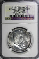 Germany BAVARIA-90TH BIRTHDAY 1911 D 3 Mark NGC UNC DETAILS KM# 998 (023)