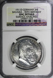 Germany BAVARIA-90TH BIRTHDAY 1911 D 3 Mark NGC UNC DETAILS KM# 998 (023)