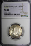 SWEDEN Gustaf V Silver 1915 W 1 Krona NGC MS63 NICE TONED KM# 786.1 (035)