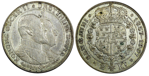 SWEDEN Oscar II Silver 1907 EB 2 Kronor Golden Wedding Anniversary KM# 776 (124)