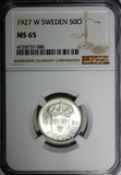 SWEDEN Gustaf V Silver 1927 W 50 Ore NGC MS65 ONE GRADED HIGHEST SCARCE KM788/6