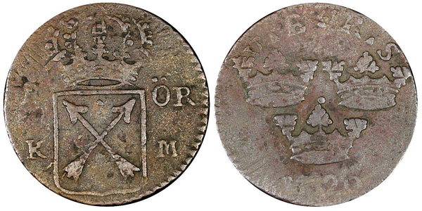 Sweden Ulrika Eleonora 1720 1 Ore OVERSTRUCK 1 Daler SM Lozenged Edge KM364.2(5)