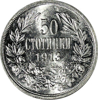 Bulgaria Silver 1913 50 Stotinki aUNC Condition KM# 30 (18 347)