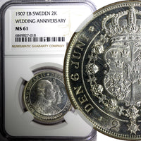 SWEDEN Oscar II Silver 1907 EB 2 Kronor NGC MS61 Golden Wedding Anniv.KM#776 (8)