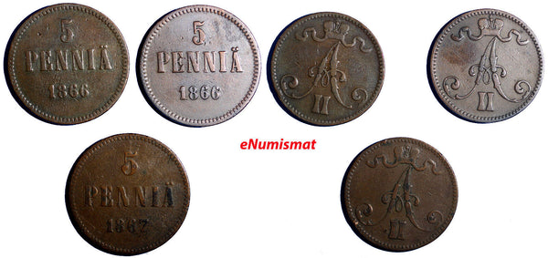 Finland Russia Alexander II  LOT of 3 COINS 1866 and 1867 5 Pennia KM# 4.1 (681)