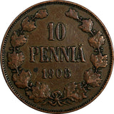 Finland Nicholas II Copper 1908 10 Penniä Mintage-320,000 KM# 14 (18 740)