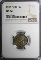 PERU Copper-Nickel 1937 10 Centavos NGC MS64 TOP GRADED BY NGC KM# 214.2 (69)