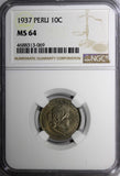 PERU Copper-Nickel 1937 10 Centavos NGC MS64 TOP GRADED BY NGC KM# 214.2 (69)