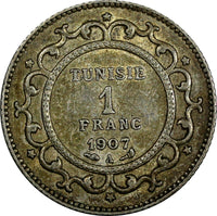 Tunisia Muhammad V Silver AH1325 (1907) A 1 Franc XF  SCARCE DATE KM# 238 (990)