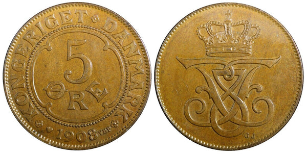 Denmark Frederik VIII Bronze 1908 VBP; GJ 5 Øre UNC KM# 806 (23 844)