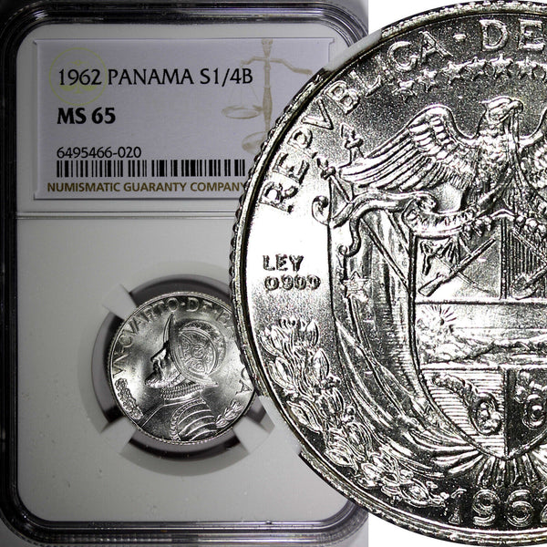 Panama Vasco Núñez de Balboa Silver 1962 1/4 Balboa NGC MS65 KM#11.2 (020)