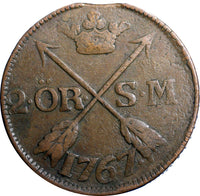 SWEDEN COPPER Adolf Frederick 1767 2 Ore,S.M  Low Mintage:467,000  KM#461 (2378)