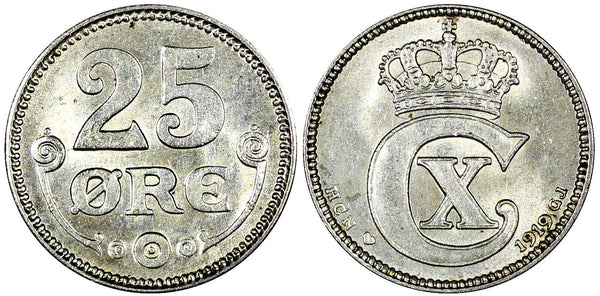 Denmark Christian X Silver 1919  25 Ore 1 YEAR TYPE HIGH GRADE KM# 815.2 ( 114)