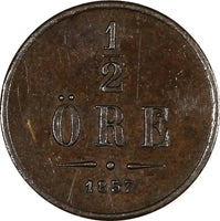 Sweden Oscar I Bronze 1857 1/2 Ore KM# 686 (20 795)