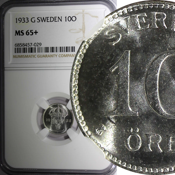 SWEDEN Gustaf V Silver 1933 G 10 Öre SCARCE DATE NGC MS65+ KM# 780 (29)