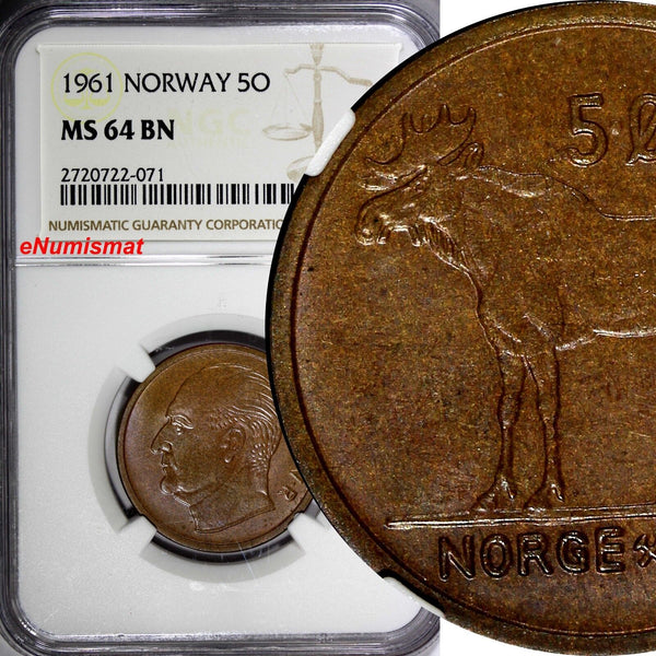 NORWAY Olav V Bronze 1961 5 Øre NGC MS64 BN ONLY 1 GRADED HIGHEST KM# 405 (071)