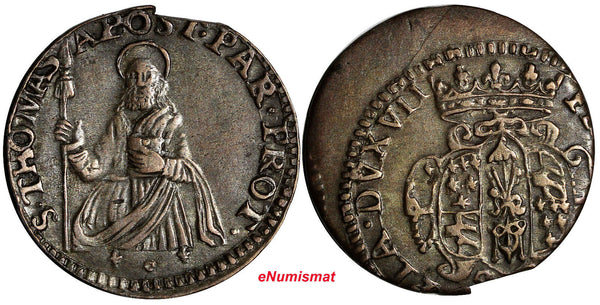 ITALY PARMA Francesco Farnese Silver 1694 Lira ERROR STRIKE SAINT THOMAS XF (69)