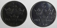 Sweden Gustaf V Iron LOT OF 2 COINS 1943,1946 5 Öre High Grade KM# 812 (20 746)