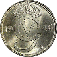 Sweden Gustaf V Nickel-Bronze 1946 TS 25 Öre  GEM BU KM# 798 (22 040)