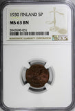 Finland Copper 1930 5 Penniä NGC MS63 BN BETTER DATE TOP  GRADED KM# 22 (031)