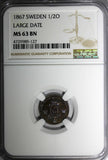 SWEDEN Carl XV 1867 1/2 Ore NGC MS63 BN LARGE DATE SCARCE 1 YEAR TYPE KM# 715(7)