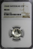 Switzerland Silver 1964 B 1/2 Franc NGC MS64 GEM BU HIGH GRADE KM# 23 (055)