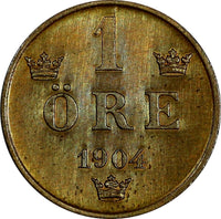 Sweden Oscar II  Bronze 1904 1 Ore Extra Large letters aUNC/UNC KM# 750 (18 588)