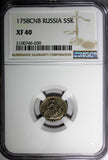 RUSSIA Elizabeth  Silver 1758 SPB 5 Kopecks Clouds NGC XF40 C# 15.2 (030)