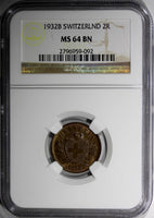 Switzerland Bronze 1932B 2 Rappen NGC MS64 BN FIRST YEAR FOR THE TYPE KM4.2a/092