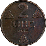 Norway Haakon VII Bronze 1915 2 Ore RARE DATE KM# 371 (19 317)