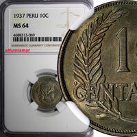 PERU Copper-Nickel 1937 10 Centavos NGC MS64 TOP GRADED BY NGC KM# 214.2 (69)