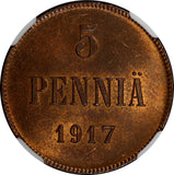 Finland Russian Tsar Nicolas II (1895-1917) 1917 5 Pennia NGC UNC DETAILS  KM#15