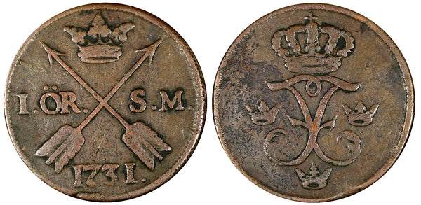 Sweden Frederick I Copper 1731 S.M. 1 ORE Early Date Type KM#416.1  (21 353)